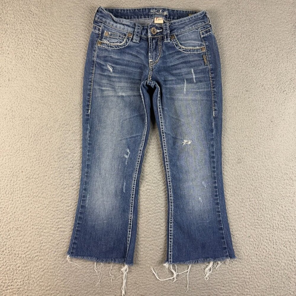 Silver Jeans Womens 24 Eden Flare Blue Cropped Cutoff Capri Thick Stitch Stretch